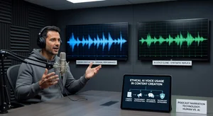 Voice actor and AI voice clone comparison showing waveform analysis, ethical AI voice usage in content creation, podcast narration technology