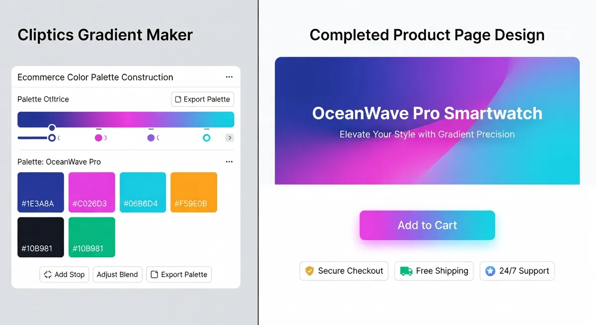 A split-screen showing the Cliptics Gradient Maker tool with an ecommerce color palette being constructed, next to a completed product page design setting up the palette with add-to-cart button, trust badges, and hero section gradient