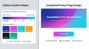 A split-screen showing the Cliptics Gradient Maker tool with an ecommerce color palette being constructed, next to a completed product page design implementing the palette with add-to-cart button, trust badges, and hero section gradient