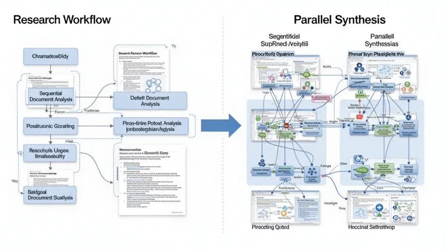 Research workflow showing transition from sequential document analysis to parallel synthesis with large context AI