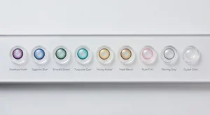 A split screen comparison showing the same person's face with various eye colors from natural browns to vibrant blues and greens