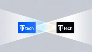 Two tech companies symbolically joining forces represented by interweaving light beams, partnership visual, clean minimalist design, professional